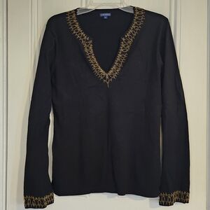 J. McLaughlin Women's Medium Black V-Neck Beaded Knit Top Seed Beads Party VGUC